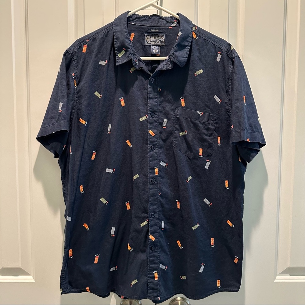 American Rag Men’s Navy Blue Tiki Drinks Hawaiian Short Sleeve Shirt XXL